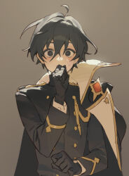1boy black_eyes black_gloves black_hair black_jacket blush brown_background coat coat_on_shoulders commentary_request fhemfmsrpwjd gloves hair_between_eyes hand_to_own_mouth jacket korean_commentary long_sleeves looking_at_viewer lord_(lord_of_heroes) lord_of_heroes male_focus male_lord_(lord_of_heroes) simple_background solo upper_body