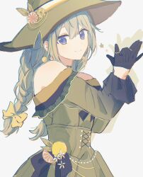 1girl bare_shoulders black_bow black_gloves blue_eyes bow braid closed_mouth dress earrings food fruit gloves green_dress hair_between_eyes hair_bow hat hat_ornament highres jewelry kusanagi_nene long_hair long_sleeves looking_at_viewer off-shoulder_dress off_shoulder official_alternate_costume project_sekai sekijitsu_no_read-aloud_(project_sekai) simple_background smile solo star_(symbol) twin_braids white_background witch_hat yellow_bow yuki72611