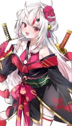 1girl absurdres bare_shoulders collarbone double_bun fang hair_bun highres hololive horns japanese_clothes long_hair looking_at_viewer multicolored_hair nakiri_ayame off_shoulder oni red_eyes red_hair solo streaked_hair virtual_youtuber white_background white_hair wide_sleeves yagura_(yagura_aaaok)