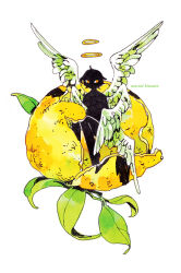1other analogous_colors angel_wings artist_name eyed_silhouette feathered_wings feathers food fruit green_feathers halo ink_(medium) leaf lemon lemon_peel looking_at_viewer maruti_bitamin multiple_halos multiple_wings no_pupils on_food original painting_(medium) seraph short_hair silhouette simple_background sitting solo traditional_media watercolor_(medium) white_background white_feathers white_wings wings yellow_eyes yellow_halo yellow_theme