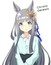 1girl blue_eyes blunt_bangs blush breasts casual character_name chrono_genesis_(umamusume) closed_mouth commentary_request grey_hair hair_between_eyes hair_ornament highres horse_girl long_hair looking_at_viewer small_breasts smile solo umamusume white_background yuzu_ponzu_(nhezierd)