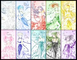 10s 1990s_(style) 2014 6+girls aino_minako aqua_dress aqua_hair bishoujo_senshi_sailor_moon bishoujo_senshi_sailor_moon_s black_border black_dress black_gloves blue_dress blue_eyes blue_hair border bow brown_hair character_name chibi_usa choker cone_hair_bun crescent crescent_facial_mark crossed_arms dated double_bun dress elbow_gloves facial_mark fire flower forehead_mark gloves green_dress green_hair hair_bow hair_bun hair_flower hair_ornament half_updo highres hino_rei hydrokinesis jewelry jupiter_symbol kaiou_michiru kino_makoto long_hair mars_symbol meiou_setsuna mercury_symbol mizuno_ami moonbreak multiple_girls necklace neptune_symbol one_eye_closed own_hands_clasped own_hands_together petals pink_dress pink_hair pluto_symbol princess_jupiter princess_mars princess_mercury princess_neptune princess_pluto princess_saturn princess_serenity princess_uranus princess_venus purple_dress purple_eyes purple_gloves purple_hair pyrokinesis red_dress retro_artstyle saturn_symbol short_hair signature single_hair_bun small_lady_serenity ten&#039;ou_haruka tomoe_hotaru tsukino_usagi twintails uranus_symbol venus_symbol water white_dress white_hair yellow_dress
