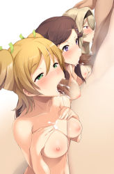 3boys 3girls :&gt;= absurdres blonde_hair blush breasts brown_background brown_hair censored collarbone commentary commission cum cum_in_mouth cum_on_body cum_on_breasts cum_on_upper_body cum_overflow daiba_nana dark-skinned_male dark_skin deepthroat fellatio fellatio_lineup furrowed_brow gradient_background green_eyes green_ribbon hair_between_eyes hair_ornament hair_ribbon hairband half-closed_eyes hand_on_another&#039;s_head hands_on_own_chest highres irrumatio lineup long_hair male_pubic_hair medium_breasts mosaic_censoring multiple_boys multiple_girls navel nipples nude oral parted_bangs penis pink_eyes pubic_hair purple_eyes ribbon saijou_claudine shoujo_kageki_revue_starlight simple_background skeb_commission sweat sweatdrop tendou_maya topless_female transparent twintails upper_body wazukani white_background x_hair_ornament