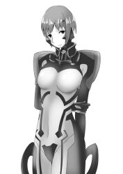1girl arms_behind bodysuit breasts cosplay embarrassed female_focus formal_clothes fortified_suit godzilla:_city_on_the_edge_of_battle godzilla:_planet_of_the_monsters godzilla:_the_planet_eater godzilla_(series) looking_at_viewer mecha_pilot_suit medium_breasts muv-luv muv-luv_alternative polygon_pictures short_hair shy skin_tight skin_tight_clothing suit tani_yuko thick_thighs thighhighs thighs thirukin tight_clothes toho white_background