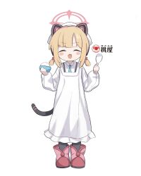 1girl absurdres animal_ear_headphones animal_ears apron black_thighhighs blonde_hair blue_archive blue_necktie blush_stickers boots bowl closed_eyes collared_shirt fake_animal_ears full_body halo headphones headscarf highres holding holding_bowl kappougi ketsu_juuji_killer_(kejuki) long_sleeves momoi_(blue_archive) necktie open_mouth pink_boots pink_halo rice rice_bowl shirt short_hair simple_background smile solo thighhighs white_background white_headscarf white_headwear white_shirt