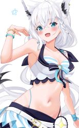 1girl absurdres ahoge animal_ear_fluff animal_ears belt bikini blush bracelet braid breasts choumiryou commentary_request earrings extra_ears fox_ears fox_girl fox_tail green_eyes hair_between_eyes highleg highleg_bikini highres hololive hololive_summer_2023_swimsuit jewelry long_hair looking_at_viewer navel open_mouth pentagram shirakami_fubuki sidelocks simple_background single_braid small_breasts solo swimsuit tail virtual_youtuber white_background white_hair