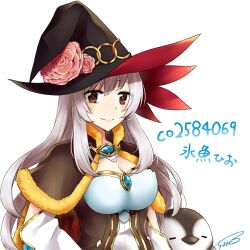 1girl bird black_hat blush breasts brown_cape brown_dress brown_eyes cape cleavage closed_mouth commentary_request dress fur-trimmed_cape fur_trim grey_hair hat long_hair looking_at_viewer medium_breasts mio1030 official_alternate_costume penguin ragnarok_online red_cape simple_background smile solo transparent_background two-sided_cape two-sided_fabric two-tone_dress upper_body warlock_(ragnarok_online) white_dress witch_hat