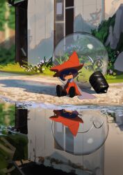 1other ^_^ absurdres animal_hat art_study black_boots blue_scarf boots brown_hat bush cat_hat closed_eyes commentary double-parted_bangs english_commentary flower grass hat highres light_bulb long_scarf long_sleeves niko_(oneshot) no_mouth oneshot_(game) other_focus puddle purple_hair reflection reflective_water scarf shack shadches72 shadow short_hair sleeves_past_wrists solo tunic