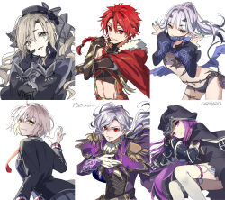 Rule 34 | 2boys, 4girls, alexander (fate), bikini, black bikini, black cloak, black dress, black gloves, black jacket, blue nails, blue shrug, braid, braided ponytail, capelet, carimarica, cloak, collage, collar, commentary request, dragon tail, dragon wings, dress, edmond dantes (fate), fate/grand order, fate (series), fingerless gloves, fingernails, fish bottle, gloves, grey eyes, grey hair, grin, hair between eyes, hand up, hands on own face, hands up, highres, hood, hood up, hooded cloak, jacket, jeanne d&#039;arc alter (avenger) (fate), jeanne d&#039;arc alter (fate), kriemhild (fate), kriemhild (first ascension) (fate), light smile, long hair, long sleeves, looking at viewer, mask, medusa (fate), medusa (lancer) (fate), medusa (rider) (fate), melusine (fate), melusine (swimsuit ruler) (fate), melusine (swimsuit ruler) (first ascension) (fate), mouth mask, multiple boys, multiple girls, necktie, ponytail, purple capelet, purple collar, purple eyes, purple hair, red eyes, red hair, red necktie, rider, simple background, smile, swimsuit, tail, the count of monte cristo (fate), the count of monte cristo (second ascension) (fate), thighhighs, tongue, tongue out, waving, white background, white thighhighs, wings, yellow eyes
