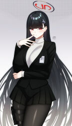 Rule 34 | 1girl, absurdres, black hair, black halo, black pantyhose, black skirt, blue archive, breasts, bright pupils, halo, highres, jacket, large breasts, long hair, looking at viewer, multicolored halo, pantyhose, pleated skirt, quixotic04, red eyes, ringed eyes, rio (blue archive), skirt, solo, suit jacket, sweater, turtleneck, turtleneck sweater, two-tone halo, white pupils, white sweater