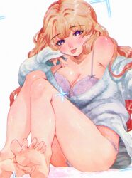 1girl ass bare_shoulders barefoot blonde_hair blush bra breasts filter-goshi_no_kanojo gyaru jacket koto_mitsuha large_breasts lingerie long_hair long_sleeves looking_at_viewer official_art oomsz open_clothes open_jacket panties purple_bra purple_eyes purple_panties simple_background sitting solo tongue tongue_out underwear very_long_hair white_background white_jacket