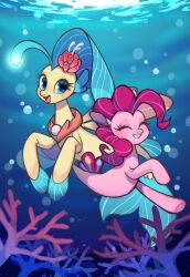 ^_^ animal_focus blue_eyes blue_hair blurry bokeh closed_eyes coral creature creature_focus curly_hair cutie_mark depth_of_field fantasy fins fish fish_tail flower hair_flower hair_ornament highres hooves ikirunosindo long_hair my_little_pony my_little_pony:_friendship_is_magic my_little_pony:_the_movie_(2017) no_humans pink_flower pink_hair pinkie_pie pinkie_pie_(seapony) seahorse skystar_(my_little_pony) skystar_(seapony)_(my_little_pony) smile tail underwater variant_set water