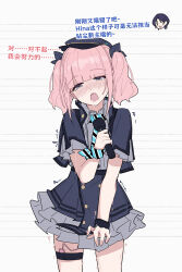 2girls blue_hair blue_hat blue_jacket blue_necktie blush chinese_commentary chinese_text commentary_request frilled_skirt frills girls_band_cry grey_eyes grey_skirt hat highres hina_(girls_band_cry) holding holding_microphone jacket microphone multiple_girls nana_(girls_band_cry) necktie open_mouth pink_hair remote_control_vibrator sex_toy short_hair short_twintails skindentation skirt sweat thigh_strap translation_request trembling twintails vibrator yun_cao_bing