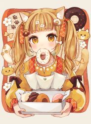 Rule 34 | 1girl, animal ears, blonde hair, border, bow, box, cat ears, cat girl, cat tail, donut, flower, food, food-themed hair ornament, food in mouth, hair bow, hair flower, hair ornament, highres, holding, holding box, looking at viewer, medium hair, mouth hold, original, outside border, paw print, short bangs, solo, tabi 0v0, tail, twintails, upper body, white border, yellow eyes
