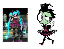 1/6_-out_of_the_gravity-_(vocaloid) 1boy 1girl 3d absurdly_long_hair alien black_bow black_dress blue_eyes blue_hair blush bow reference_sheet commentary crossdressing dress full_body hatsune_miku invader_zim linterteatime long_hair microphone project_diva_(series) toon_(style) very_long_hair vocaloid wings zim_(invader_zim)