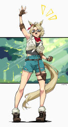 Rule 34 | 1girl, absurdres, animal ears, armpits, bandaid, bandaid on face, bandaid on nose, black undershirt, blonde hair, boots, denim, denim shorts, elbow pads, fingerless gloves, forest, front-tie top, glasses, gloves, highres, hip strap, horse ears, horse girl, horse tail, light rays, nature, open mouth, ringring (artist), scarf, short hair, shorts, sleeveless, socks, solo, sunbeam, sunlight, tail, torn clothes, torn shorts, tree, tucker bryne (umamusume), umamusume, waving