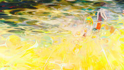 Rule 34 | 1girl, absurdres, air bubble, aqua eyes, blonde hair, bubble, collar, commentary, eyelashes, furrowed brow, grey eyes, hand up, highres, looking ahead, original, parted lips, red collar, red lips, ripples, seok98, signature, solo, underwater, yellow theme