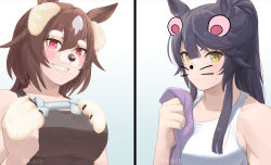 2girls alternate_costume animal_ears artist_name bare_shoulders black_hair black_tank_top brown_hair collarbone dog_ears grin hair_between_eyes high_ponytail highres holding holding_towel horse_ears horse_girl icon_(computing) light_brown_hair long_hair looking_at_viewer mukakin multicolored_hair multiple_girls narita_brian_(umamusume) ponytail red_eyes sidelocks sirius_symboli_(umamusume) smile solo tank_top towel two-tone_hair umamusume upper_body v-shaped_eyebrows watermark whiskers white_hair white_tank_top yellow_eyes