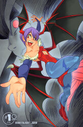 Rule 34 | 1boy, 1girl, alex ahad, animal print, bare shoulders, bat print, bat wings, blue pantyhose, boots, breasts, bridal gauntlets, cleavage, demon girl, diamond cutout, fangs, glowing, glowing eyes, head wings, high heel boots, high heels, highres, jedah dohma, knee up, leotard, lilith (darkstalkers), looking at viewer, low wings, official art, open mouth, outstretched arms, pantyhose, print pantyhose, red eyes, red footwear, red leotard, second-party source, short hair, small breasts, smile, udon entertainment, darkstalkers, variant set, wings