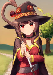 1girl absurdres artist_name belt black_cape blurry blurry_background brown_hair button_eyes buttons cape collar commentary dress english_commentary female_focus hat highres holding holding_staff kono_subarashii_sekai_ni_shukufuku_wo! long_sleeves looking_at_viewer megumin no_gloves outdoors parted_lips red_dress red_eyes sasoura short_hair_with_long_locks solo staff tree upper_body witch_hat