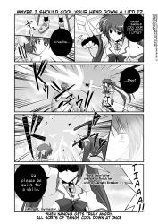 Rule 34 | 00s, 3girls, bow, comic, cool your head, english text, explosion, fingerless gloves, gloves, greyscale, hard-translated, headband, jewelry, lyrical nanoha, magic circle, magical girl, mahou shoujo lyrical nanoha, mahou shoujo lyrical nanoha strikers, midriff, mikage takashi, monochrome, multiple girls, necklace, planet, raising heart, shaded face, subaru nakajima, takamachi nanoha, teana lanster, thighhighs, third-party edit, translated, twintails, waist cape, white devil