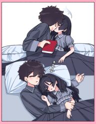 Rule 34 | 1boy, 1girl, absurdres, alternate costume, alternate hairstyle, arms around waist, bed, black hair, blanket, blue archive, blush, book, closed eyes, cuddling, hetero, highres, je o mo, kisaki (blue archive), kiss, on bed, pajamas, pillow, sensei (blue archive), sensei (blue archive the animation), sleeping, sleeping together, under covers, zzz
