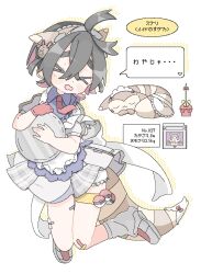 &gt;_&lt; 1boy animal_ears bandaid black_hair bloomers blue_shirt blush closed_eyes collared_shirt crossdressing crossed_bangs dipplin fake_animal_ears fake_tail furret game_boy_cartridge gauze gen_2_pokemon gloves hair_between_eyes highres holding holding_tray jaggy_lines kieran_(pokemon) leg_warmers male_focus miniskirt multicolored_hair necktie nintendo open_mouth poke_ball poke_ball_(basic) pokemon pokemon_(creature) pokemon_sv purple_hair red_gloves red_necktie sentret shirt shizumu_(4_zu6) shoes short_sleeves simple_background single_glove skirt speech_bubble sweat tail thigh_strap trap tray u_u underwear white_background white_leg_warmers white_shoes
