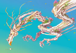 animal antlers bird blue_background blue_sky bone creature deer dragon eastern_dragon fantasy flower horns leaf no_humans open_mouth original outdoors pink_flower skeleton sky yukoiwase