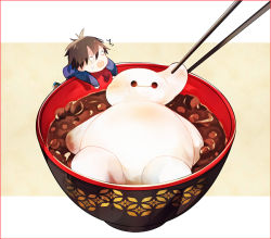 1boy afloat baymax big_hero_6 black_hair border bowl brown_hair chibi chopsticks climbing crying disney food hiro_hamada in_food kamari_(kama_ri) long_sleeves looking_up male_focus mochi o_o picking_up red_border robot shiruko_(food) soup ^^^ surprised wagashi