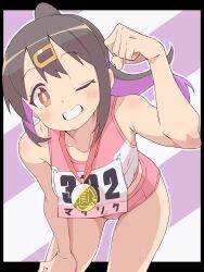 1girl ;d absurdres alternate_costume alternate_hairstyle bare_arms bare_shoulders black_border blush border bright_pupils brown_eyes brown_hair clenched_hand collarbone colored_inner_hair commentary contest_winner cowboy_shot foreshortening grin hair_between_eyes hair_ornament hairclip hand_on_own_knee hand_up happy highres leaning_forward looking_at_viewer medal multicolored_hair one_eye_closed onii-chan_wa_oshimai! open_mouth oyama_mihari pink_shorts ponytail purple_hair shorts simple_background smile solo sports_bra u_illustrator victory_pose