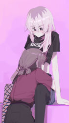 2girls absurdres asymmetrical_legwear black_shirt blue_shorts brown_hair commentary commentary_request english_commentary fishnet_pantyhose fishnets girls_band_cry grey_eyes grey_hair hair_between_eyes highres hug iseri_nina kawaragi_momoka licking licking_stomach long_hair low_twintails midriff multicolored_hair multiple_girls pantyhose pink_background red_shirt roots_(hair) shirt short_hair short_twintails shorts simple_background twintails ydpfa yuri