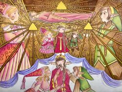 1boy 2girls blonde_hair brown_hair closed_eyes dress elf hat highres link long_hair looking_at_another multiple_girls nintendo pink_dress pointy_ears princess_zelda red_dress sleeping spell the_legend_of_zelda the_legend_of_zelda_(nes) triforce tunic zelda_ii:_the_adventure_of_link