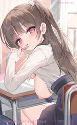 Rule 34 | 1girl, :p, bag, blue skirt, blush, bow, breasts, brown hair, chair, closed mouth, commentary request, day, desk, flashing, hair bow, hand up, holding, holding pen, indoors, large breasts, long hair, long sleeves, looking at viewer, looking back, natsuki marina, nipples, on chair, one breast out, one side up, oppai challenge, original, pen, pleated skirt, school bag, school chair, school desk, school uniform, shirt, skirt, sleeves past wrists, smile, solo, tongue, tongue out, twitter username, very long hair, white bow, white shirt, window