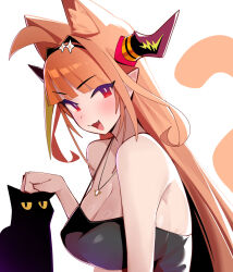 1girl ahoge animal animal_ear_fluff animal_ears black_cat blonde_hair bow breasts brooch cat cat_ears cat_girl cat_tail diagonal-striped_bow dismassd dragon_girl dragon_horns hairband highres hololive horn_bow horn_ornament horns jewelry kiryu_coco large_breasts long_hair looking_at_viewer multicolored_hair necklace open_mouth orange_hair paw_pose pointy_ears red_eyes simple_background smile solo streaked_hair tail virtual_youtuber whiskers white_background