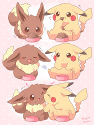 artist_name blush bowl brown_eyes closed_eyes commentary_request eating eevee food gen_1_pokemon highres mugita_konomi nintendo no_humans open_mouth pet_bowl pikachu pokemon pokemon_(creature) signature sitting smile tail
