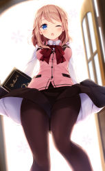 1girl ;o aoyama_blue_mountain backlighting black_pantyhose black_skirt blurry blush breasts buttons collared_shirt cosplay depth_of_field female_focus from_below gochuumon_wa_usagi_desu_ka? highres hoto_cocoa hoto_cocoa_(cosplay) komone_ushio leg_up long_sleeves looking_at_viewer looking_down medium_breasts menu one_eye_closed open_door open_mouth orange_hair pantyhose pink_vest rabbit_house_uniform shirt short_hair skirt solo standing tareme vest white_shirt wing_collar
