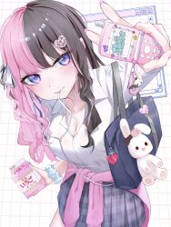 1girl bag blue_eyes breasts brown_hair cellphone cleavage clothes_around_waist collarbone collared_shirt drinking_straw drinking_straw_in_mouth earphones eishi_kurumi facial_mark flip_phone hair_ornament hair_ribbon hairpin heart heart_facial_mark heart_hair_ornament highres holding holding_phone iris_black_games jacket jacket_around_waist large_breasts leaning_forward long_hair milk_carton multicolored_hair nail_polish phone pink_hair plaid_clothes plaid_skirt pleated_skirt ribbon scrunchie shirt shirt_tucked_in shoulder_bag skirt solo split-color_hair strawberry_milk stuffed_toy tachibana_hinano two-tone_hair v virtual_youtuber vspo! wavy_hair white_shirt wrist_scrunchie