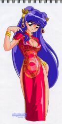 Rule 34 | 1girl, absurdres, artist logo, bracelet, breasts, china dress, chinese clothes, cleavage, cleavage cutout, clothing cutout, dated, double bun, dragon print, dress, hair bun, highres, jewelry, logo, long hair, looking at viewer, megaphilx, print dress, purple hair, ranma 1/2, red dress, shampoo (ranma 1/2), side slit, solo