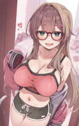Rule 34 | 1girl, :3, :d, arm at side, bare shoulders, black shorts, blazer, blurry, blurry background, blush, breasts, brown-framed eyewear, brown hair, cleavage, collarbone, colored eyelashes, commentary request, cowboy shot, crossed bangs, dolphin shorts, door, doorway, glasses, green eyes, hair between eyes, hair intakes, hair ornament, hair over breasts, hairclip, hand up, happy, heart, heart in eye, highres, indoors, jacket, large breasts, long hair, long sleeves, looking at viewer, micro shorts, navel, open clothes, open jacket, open mouth, original, osa (osaosa), pov doorway, red jacket, shorts, sidelocks, sleeves past fingers, sleeves past wrists, smile, solo, symbol in eye, tsurime, very long hair