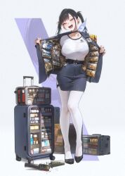 Rule 34 | bra visible through clothes, contraband, dfm (darknessdfm), goddess of victory: nikke, handheld metal detector, highres, jacket, medicine bottle, open clothes, open jacket, open suitcase, pencil skirt, see-through clothes, see-through shirt, shirt, skirt, sora (nikke), t-shirt