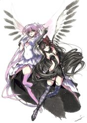 2girls absurdres akemi_homura akuma_homura argyle_clothes argyle_thighhighs black_dress black_hair bow choker clothing_cutout covered_navel cutout_above_navel dress feathered_wings full_body hair_bow highres kaname_madoka mahou_shoujo_madoka_magica mahou_shoujo_madoka_magica:_hangyaku_no_monogatari marker_(medium) misteor multiple_girls pink_hair pink_thighhighs red_bow side_cutout signature strapless strapless_dress thighhighs traditional_media two_side_up ultimate_madoka white_bow white_choker white_dress wings
