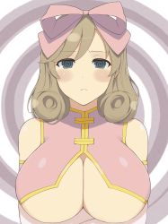 1girl @_@ blonde_hair blush breasts dizzy green_eyes hair_ribbon haruka_(senran_kagura) highres huge_breasts lemonrou mind_control ribbon senran_kagura sleeveless underboob