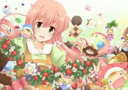 10s 1girl bread chocolate cookie fairy fairy_(jintai) food fruit green_eyes jinrui_wa_suitai_shimashita long_hair nora-toro open_mouth pink_hair smile strawberry very_long_hair watashi_(jintai)