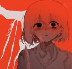 1girl akairo_ga_kowai_(vocaloid) bags_under_eyes blood blood_on_face blood_splatter bloody_knife collared_shirt ganbare_arugi holding holding_knife iyowa_girls knife looking_at_viewer neck_ribbon open_mouth raised_eyebrows red_theme ribbon shirt short_hair simple_background solo song_name sweater uneven_eyes upper_body