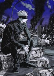 1boy black_blindfold black_pants black_shoes blindfold building car chabyaku_(katara7707) closed_mouth cloud cloudy_sky gojou_satoru gradient_background greyscale_with_colored_background jujutsu_kaisen long_sleeves motor_vehicle own_hands_together pants rubble shoes sitting sky skyscraper smoke solo white_hair