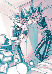 2boys alarm_clock bed belt belt_collar book book_stack bracelet clock collar crossed_arms floating fushitasu holding holding_wallet indoors jewelry male_focus millennium_puzzle monochrome multiple_boys muto_yugi pants shirt sleeveless sleeveless_shirt spiked_hair studded_belt studded_bracelet tile_floor tiles wallet yami_yugi yu-gi-oh! yu-gi-oh!_duel_monsters