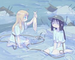 2girls ahoge animal artist_name barefoot black_hair blonde_hair blue_eyes blush bound_together chito_(shoujo_shuumatsu_ryokou) closed_eyes closed_mouth distortion dress dripping fish hashtag-only_commentary highres holding holding_animal holding_fish i-beam industrial_pipe kurohanenone long_hair low_twintails multiple_girls outdoors partially_submerged rebar ripples rope rope_belt rubble shirt shoujo_shuumatsu_ryokou twintails water water_drop wet wet_clothes white_dress white_shirt yuuri_(shoujo_shuumatsu_ryokou)