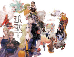 1990s_(style) amano_yoshitaka_design aqua_eyes aqua_hair blonde_hair blue_eyes cyan_garamonde celes_chere comic edgar_roni_figaro facial_hair final_fantasy final_fantasy_vi fingerless_gloves gau gloves gogo interceptor locke_cole long_hair sabin_rene_figaro mog mustache oju_(ouka) relm_arrowny retro_artstyle setzer_gabbiani shadow_(ff6) strago_magus tina_branford umaro white_background