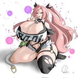 1girl absurdres breasts cleavage curvy earrings female_focus full_body gigantic_breasts green_eyes heart highres jewelry kneeling long_hair looking_at_viewer marco_cordoba mole mole_on_breast mole_on_thigh mole_under_eye nicole_demara pink_hair single_thighhigh solo thick_thighs thighhighs thighs torn_clothes twintails v wide_hips zenless_zone_zero