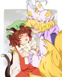 Rule 34 | 2girls, adjusting bowtie, animal ear fluff, animal ears, blonde hair, blue tabard, blush, border, bow, bowtie, breath, brown hair, cat ears, cat tail, chen, closed eyes, collared vest, commentary request, cowboy shot, dress, fingernails, fog, fox ears, fox tail, frilled hat, frilled sleeves, frills, from behind, green headwear, grey background, hat, high collar, highres, long sleeves, medium hair, mob cap, multiple girls, multiple tails, namewanoketsu, nekomata, nose blush, ofuda, ofuda on clothes, open mouth, outside border, parted lips, purple scarf, red skirt, red vest, ribbon, scarf, shirt, short hair, skirt, skirt set, tabard, tail, hat tassel, touhou, trembling, two tails, vest, white border, white bow, white bowtie, white dress, white headwear, white shirt, white sleeves, yakumo ran, yellow eyes, yellow ribbon